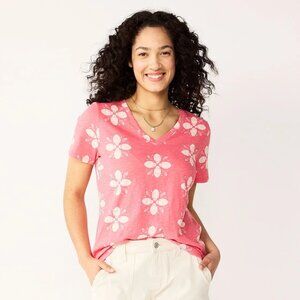 SONOMA Pink CORAL Floral Classic V-Neck soft T-Shirt *X-LARGE*